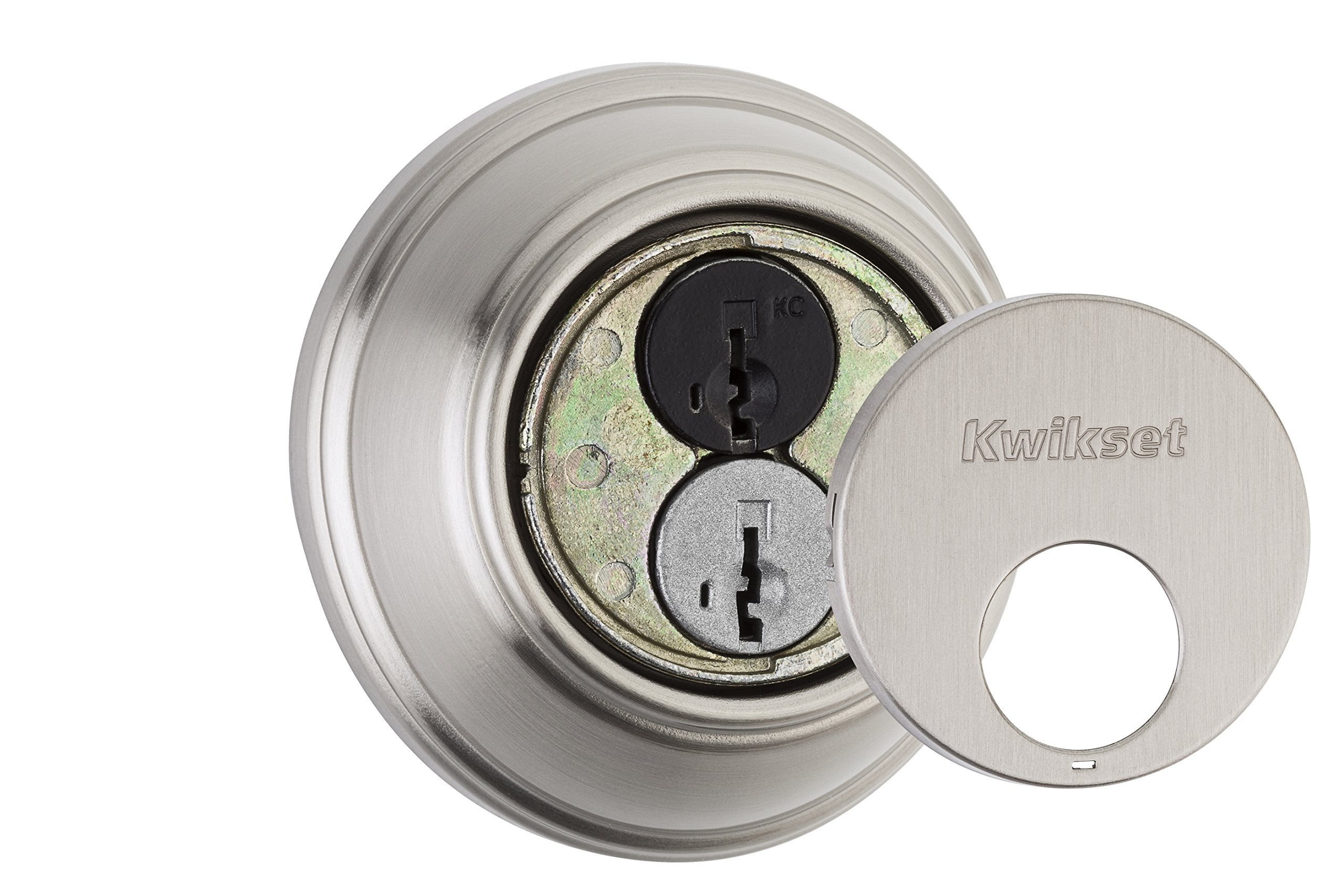 Close-up of Kwikset 816 satin nickel finish on modern door hardware.