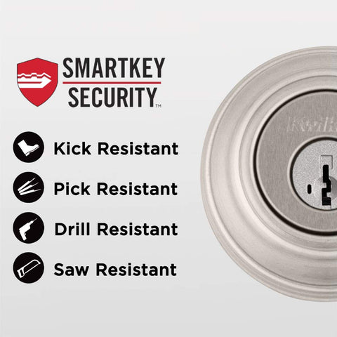 Kwikset 99910-040 single cylinder deadbolt on exterior door.