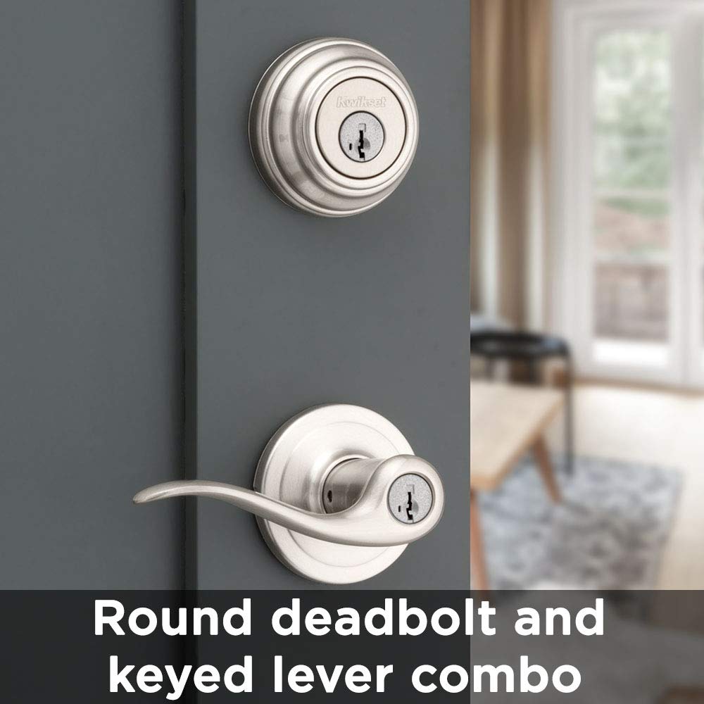 Kwikset 99910-040 satin nickel finish close-up highlights modern style.