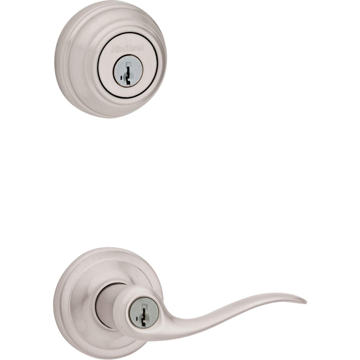 Kwikset 99910-040 Tustin lever close-up with satin nickel finish and durable hardware.