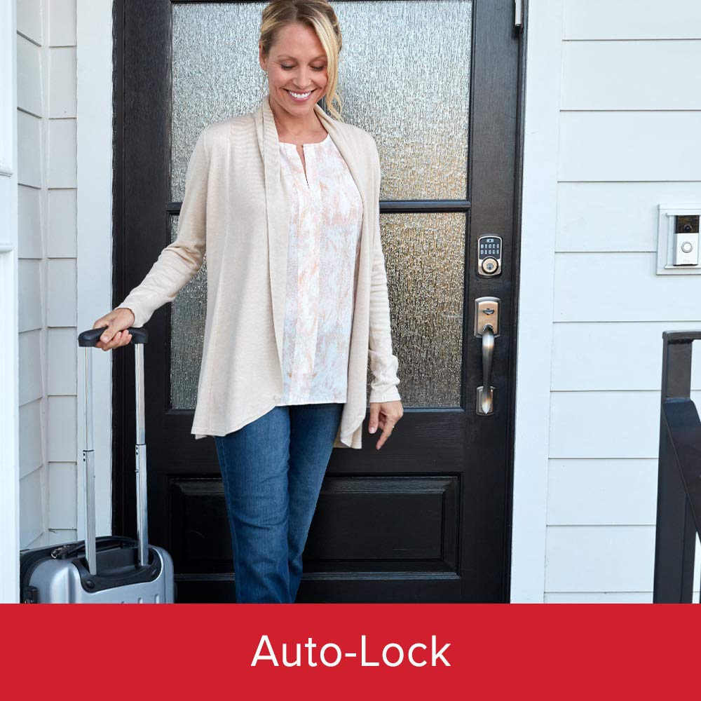 Kwikset Aura auto lock feature helps keep doors secure when hands are full.