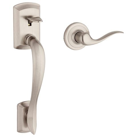 Kwikset Avalon exterior front door handle set with satin nickel finish for stylish, secure entry