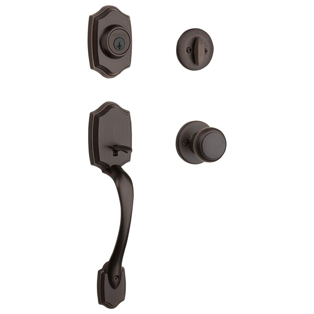 Kwikset Belleview exterior front door handle and deadbolt set for secure entry.