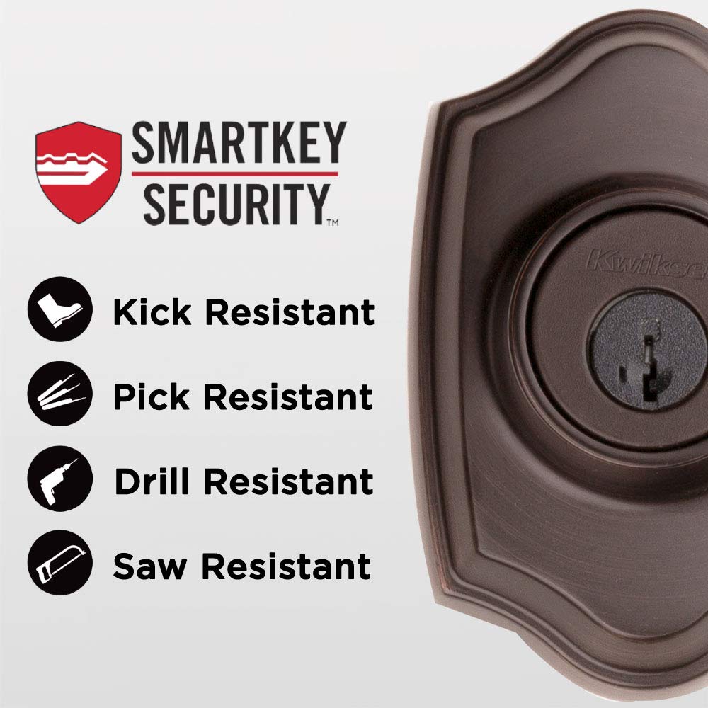 Kwikset Belleview venetian bronze finish close-up highlighting warm, traditional style.