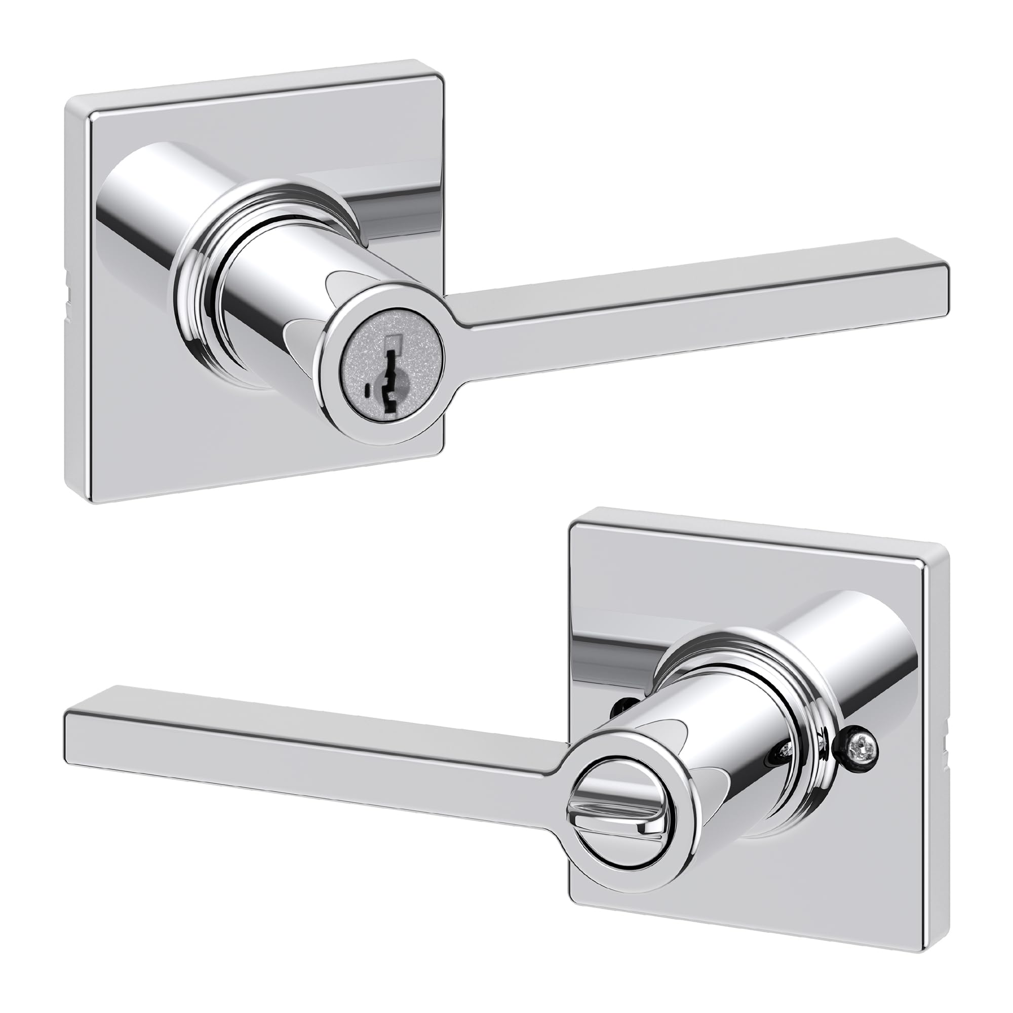 Kwikset Casey entry lever in polished chrome for a modern exterior look