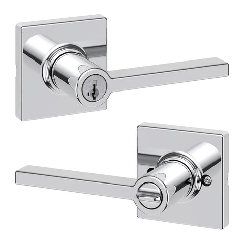 Kwikset Casey entry lever in polished chrome for a modern exterior look