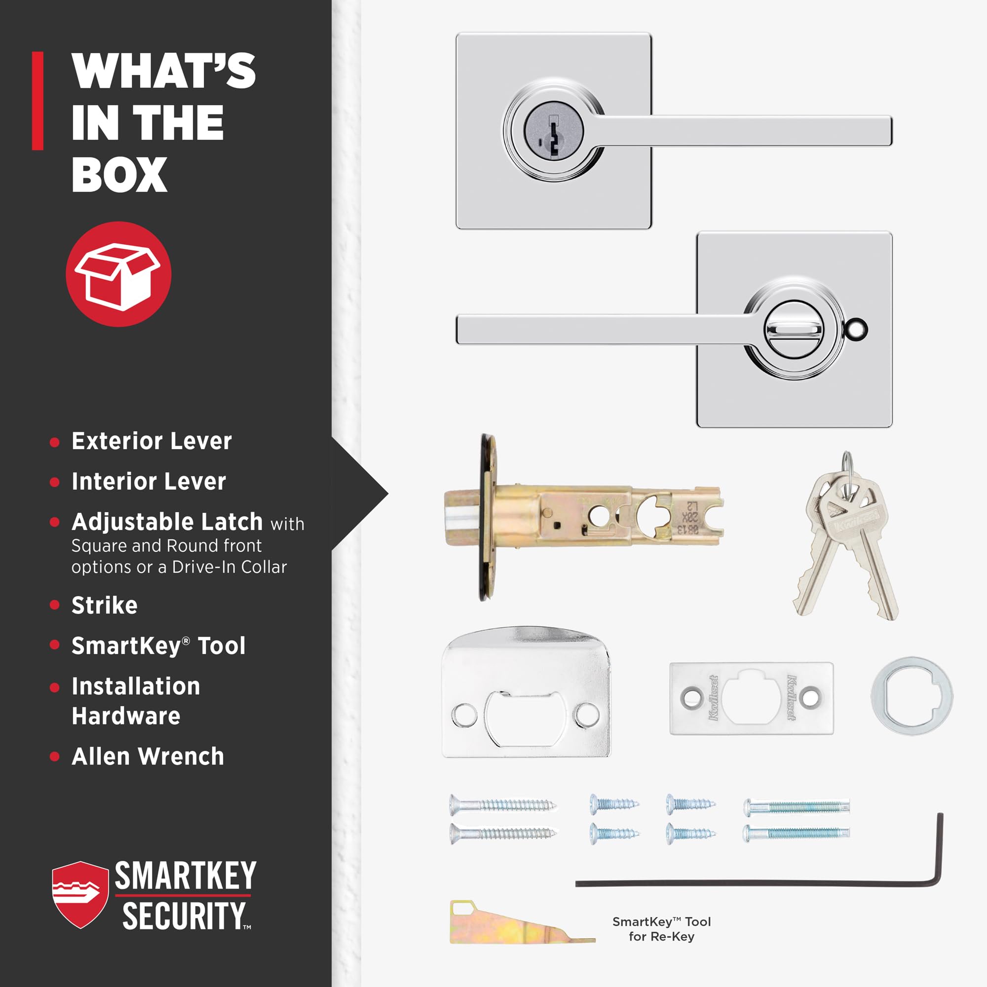 Box contents for Kwikset Casey including rosette and screws