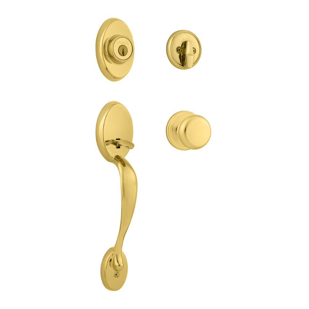 Kwikset Chelsea front door lock with polished brass finish enhances classic curb appeal and security.