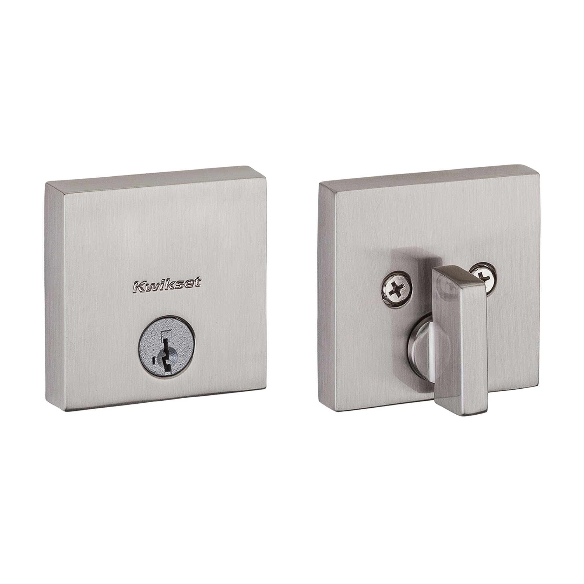 Kwikset Downtown exterior keyed deadbolt with satin nickel finish for secure entry