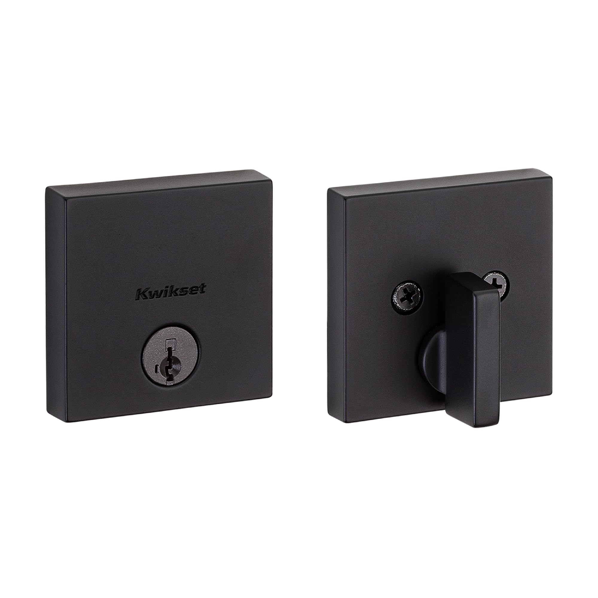 Kwikset Downtown Deadbolt in matte black square exterior keyed front entry delivers sturdy security.
