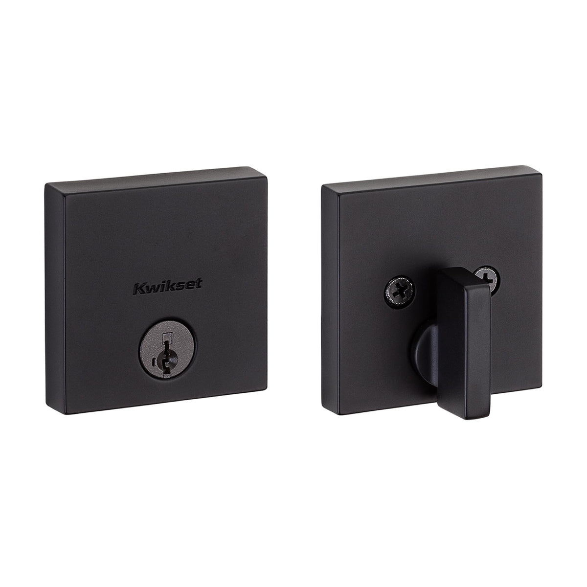 Kwikset Downtown Deadbolt in matte black square exterior keyed front entry delivers sturdy security.
