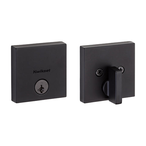 Kwikset Downtown Deadbolt in matte black square exterior keyed front entry delivers sturdy security.