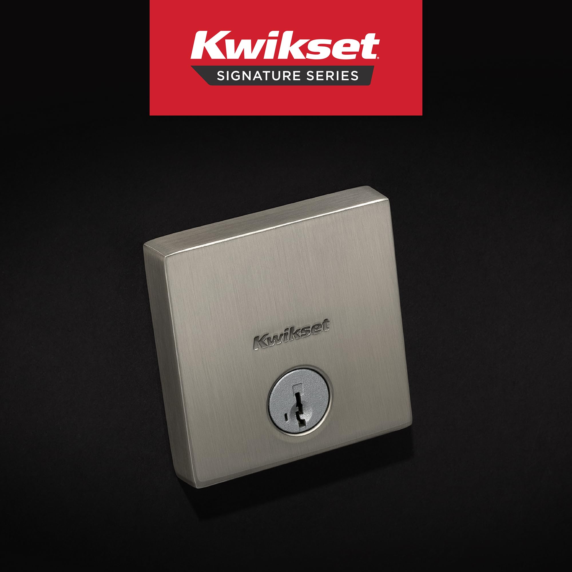 Kwikset Downtown square faceplate in satin nickel for a modern exterior look