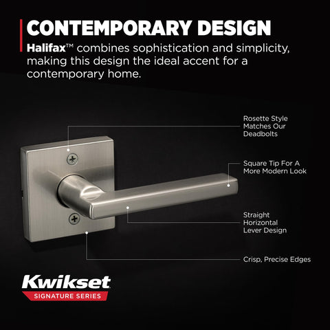 Kwikset Halifax dummy lever satin-nickel front view.