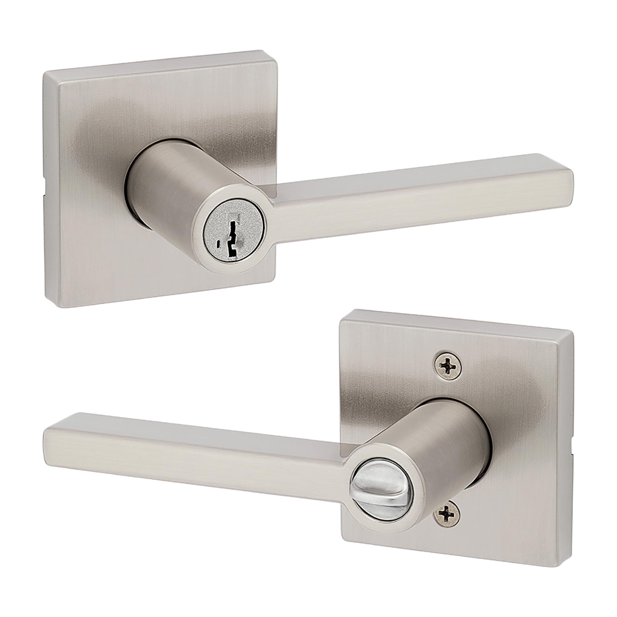 Kwikset Halifax satin nickel entry door handle for secure exterior entry.