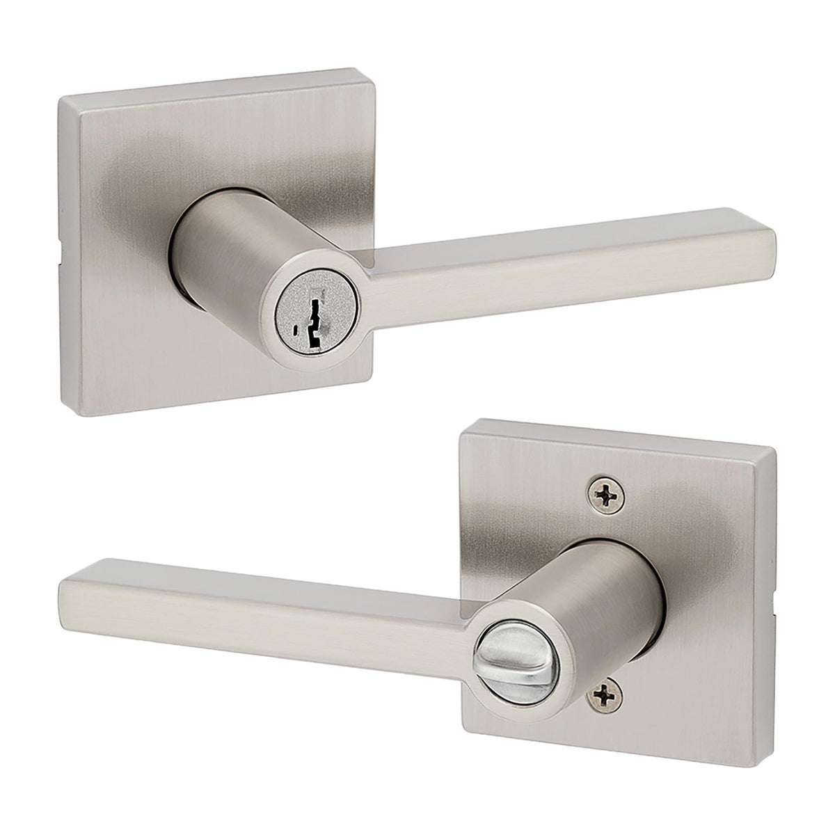 Kwikset Halifax satin nickel entry door handle for secure exterior entry.