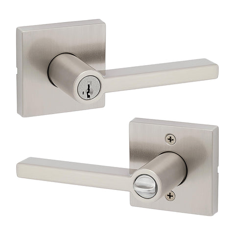 Kwikset Halifax satin nickel entry door handle for secure exterior entry.