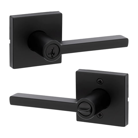 Kwikset Halifax exterior keyed lever in matte black enables secure entry