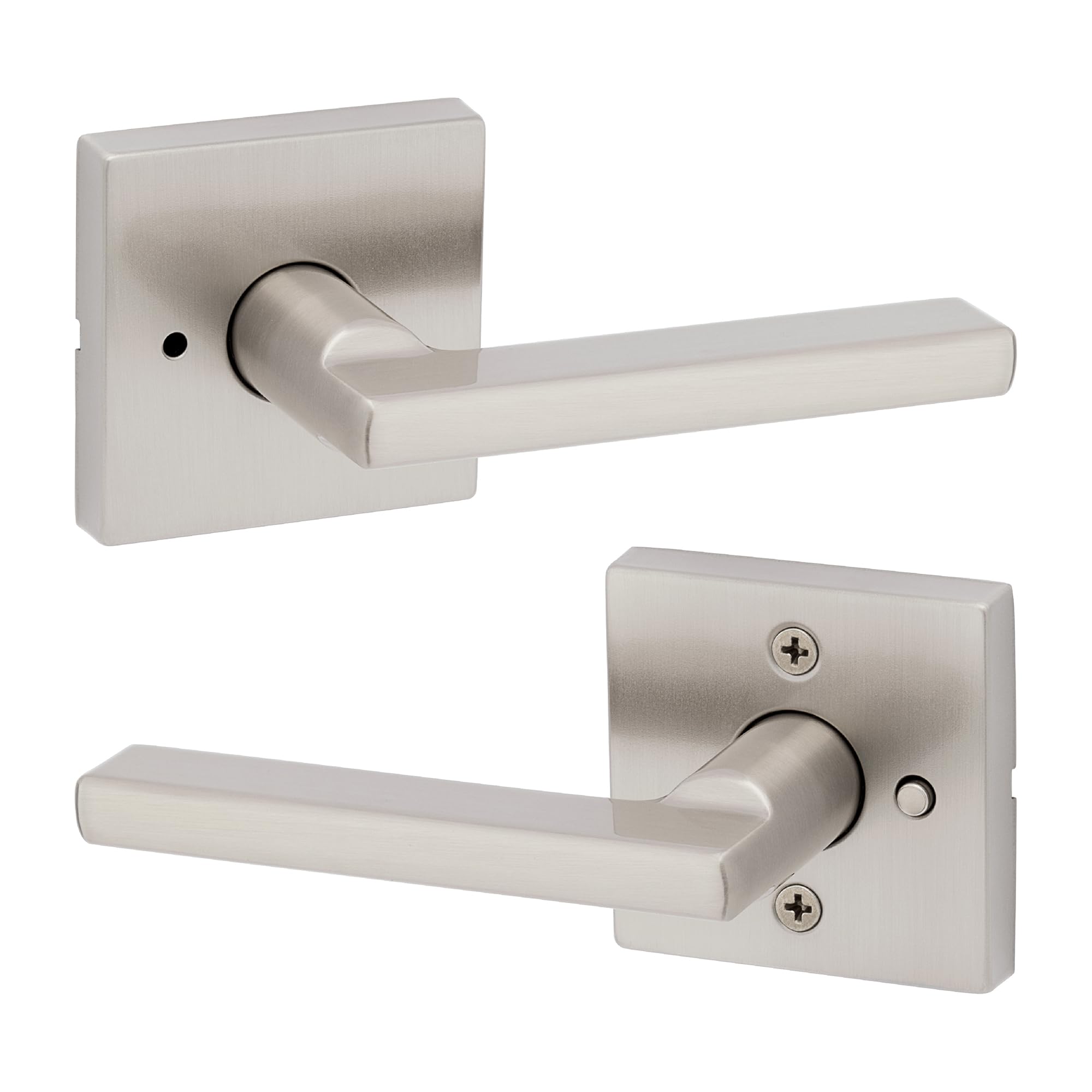 Kwikset Halifax privacy door handle with satin nickel finish for bedrooms and bathrooms.