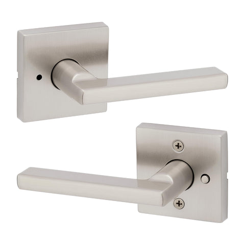 Kwikset Halifax privacy door handle with satin nickel finish for bedrooms and bathrooms.
