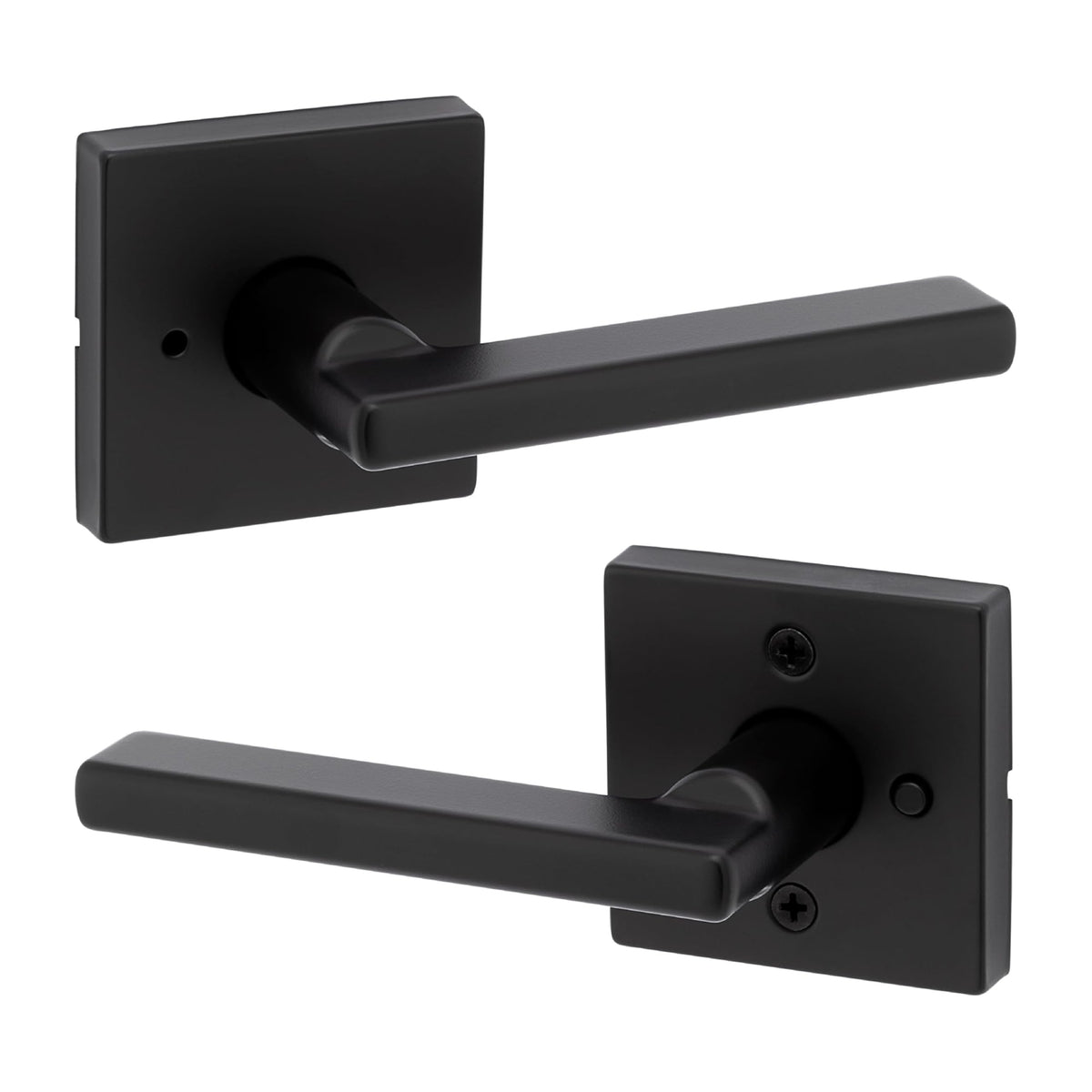 Kwikset Halifax interior privacy lever with matte black square rose for bedrooms