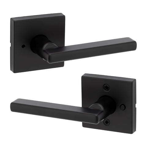 Kwikset Halifax interior privacy lever with matte black square rose for bedrooms
