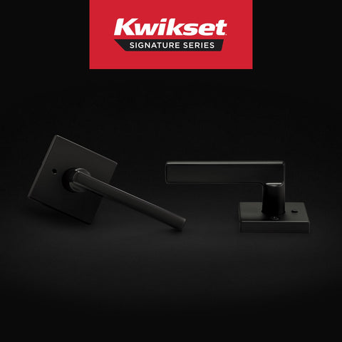 Kwikset Halifax matte black privacy lever on square rose, modern design