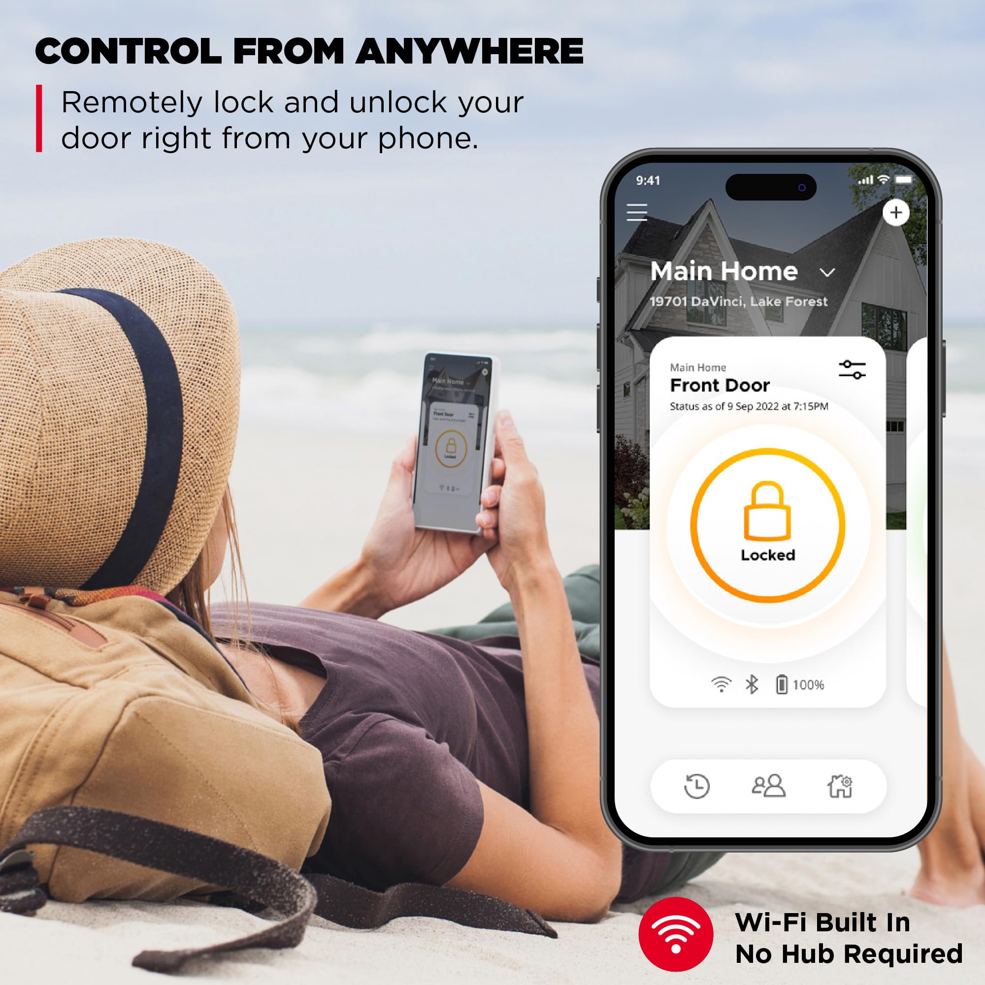 Kwikset Halo app control image demonstrates remote lock and status checks.