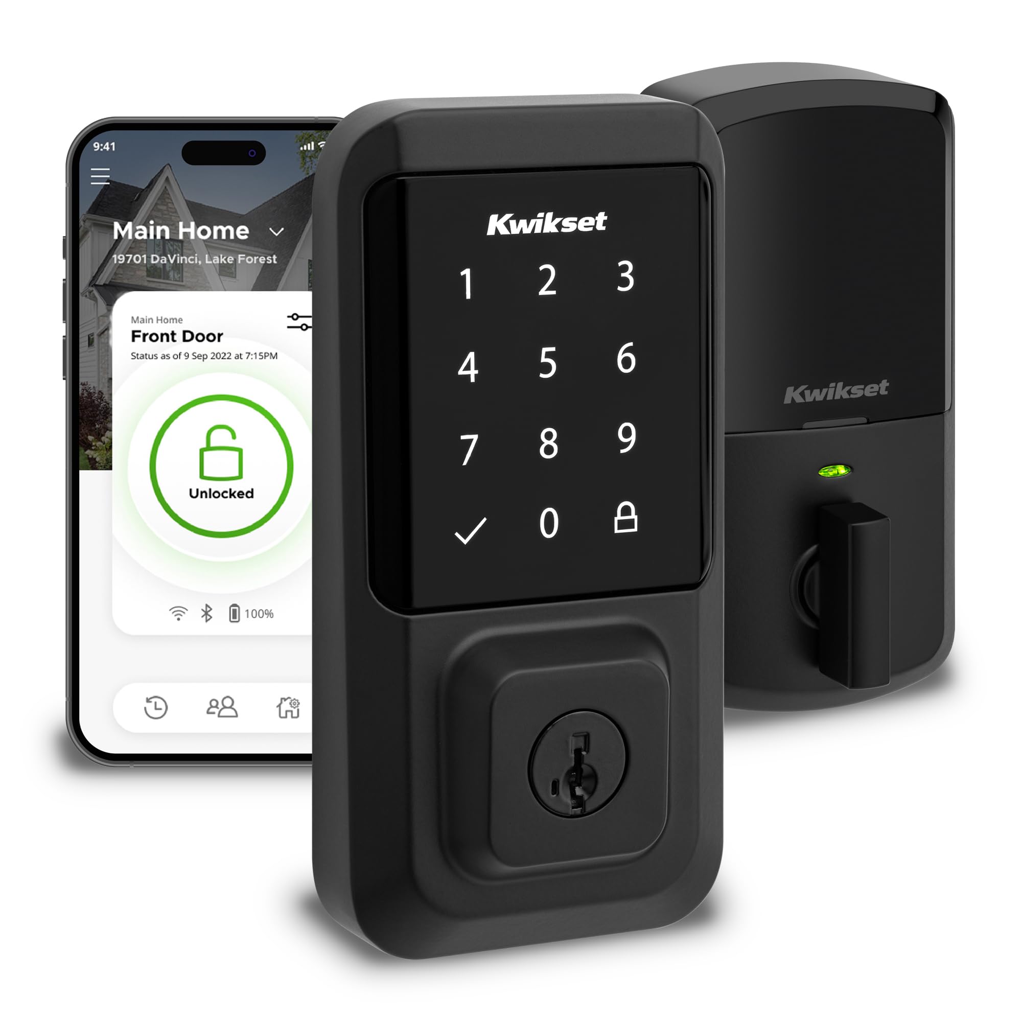 Kwikset Halo touchscreen front door image showing keyless entry and remote control.