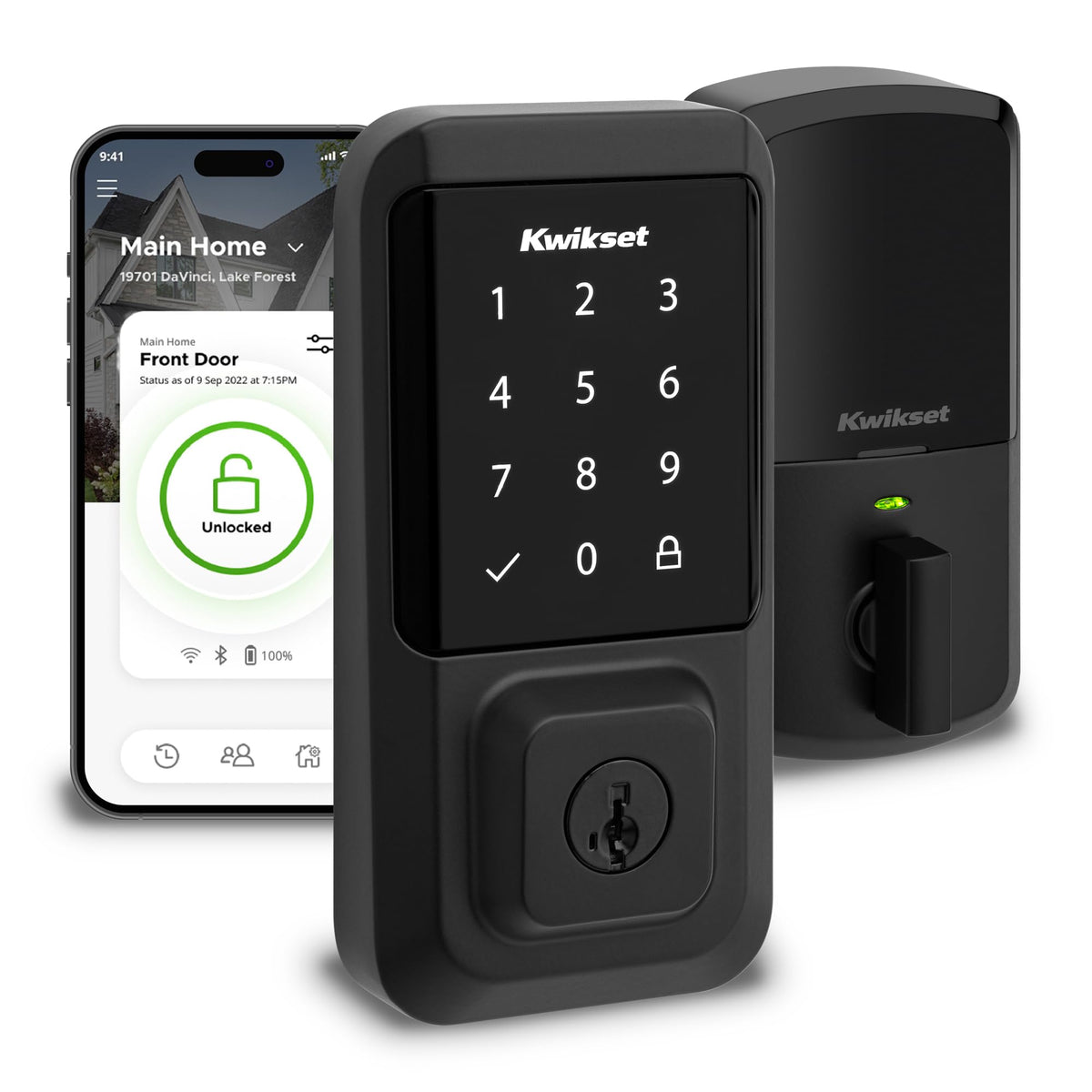 Kwikset Halo touchscreen front door image showing keyless entry and remote control.
