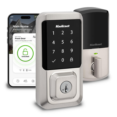 Kwikset Halo front view with lit touchscreen keypad for keyless entry.