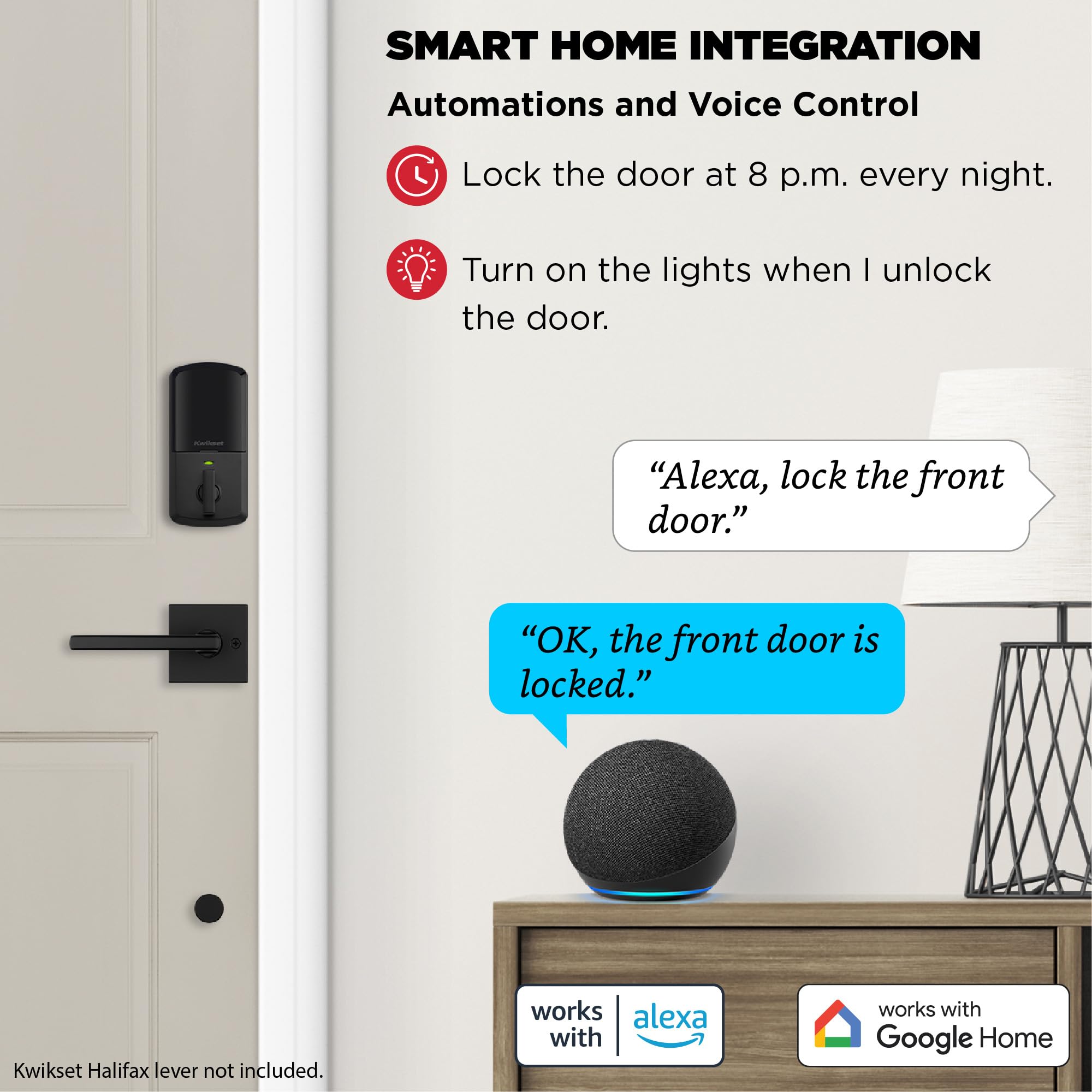 Kwikset Halo with Alexa or Google integration enables hands-free control.