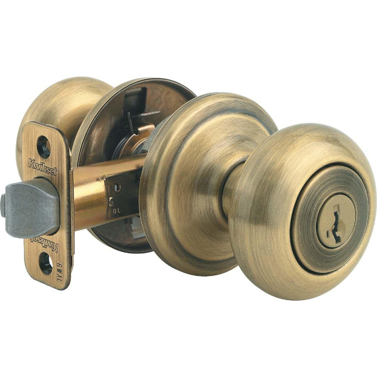 Kwikset Juno antique brass finish detail adds warm traditional style