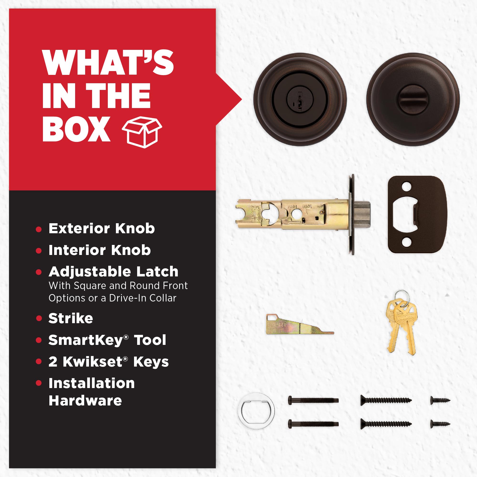 All installation hardware included for quick Kwikset Juno setup