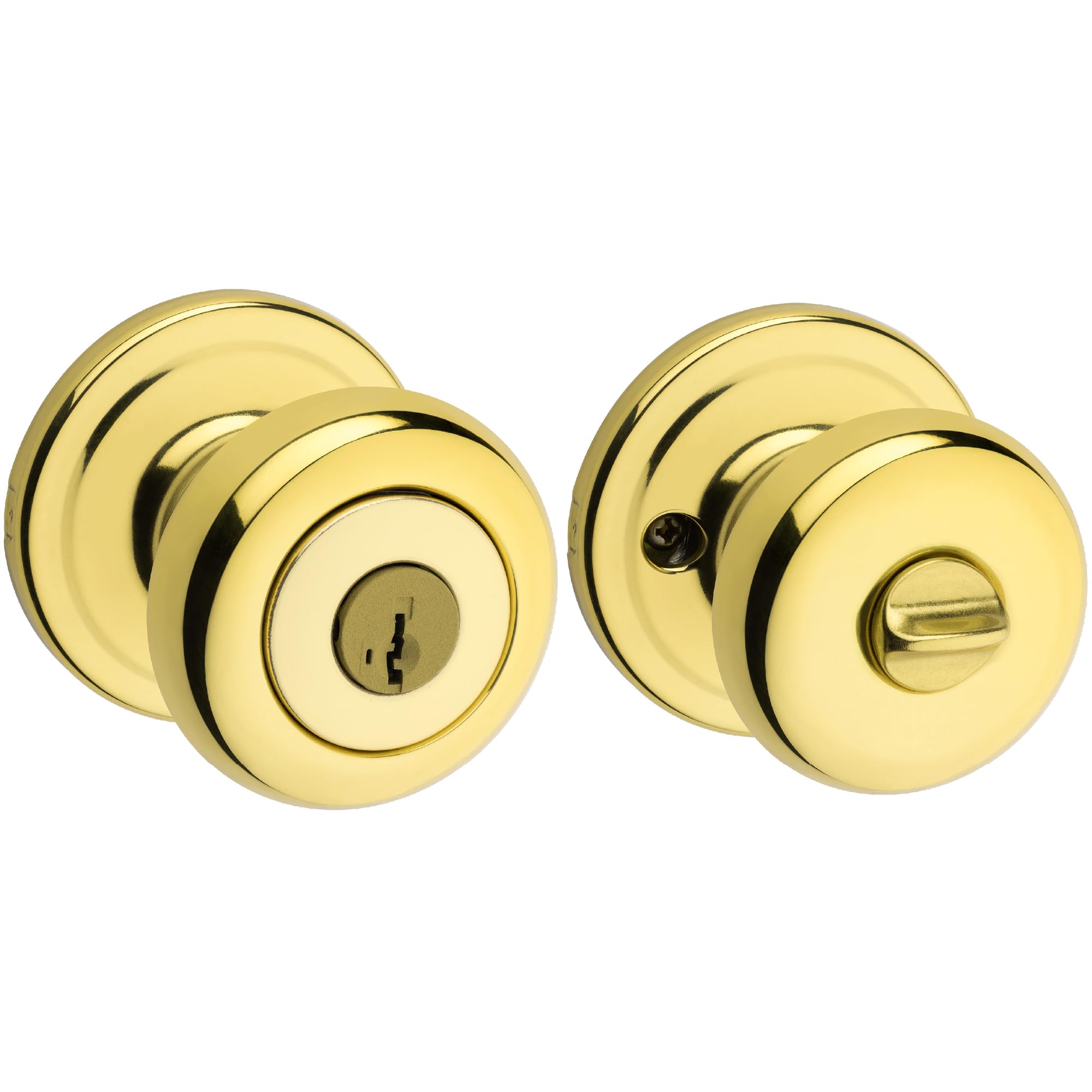 Kwikset Juno keyed entry knob with polished brass, front view for exterior security