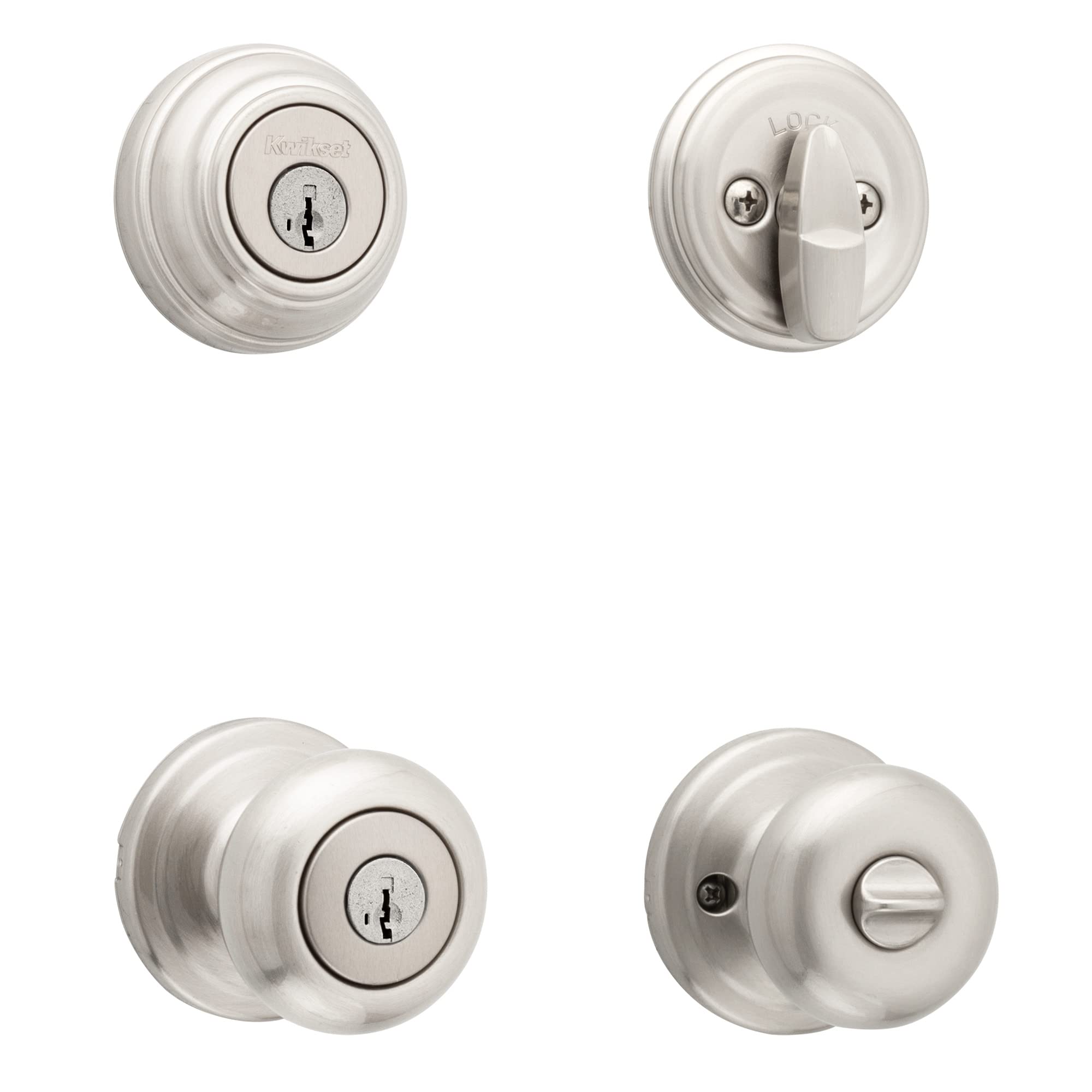 Kwikset Juno knob in satin nickel with dual locking for secure exterior entry