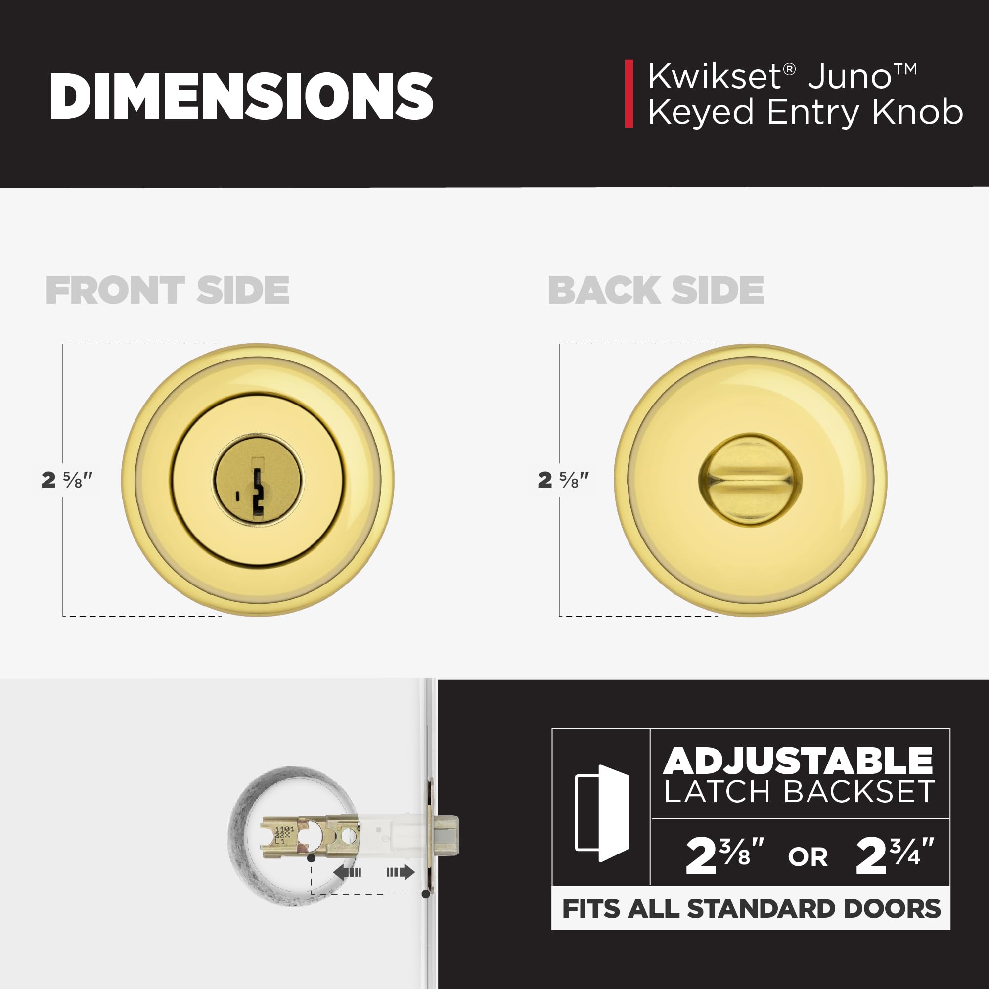 Kwikset Juno lifetime warranty badge in polished brass