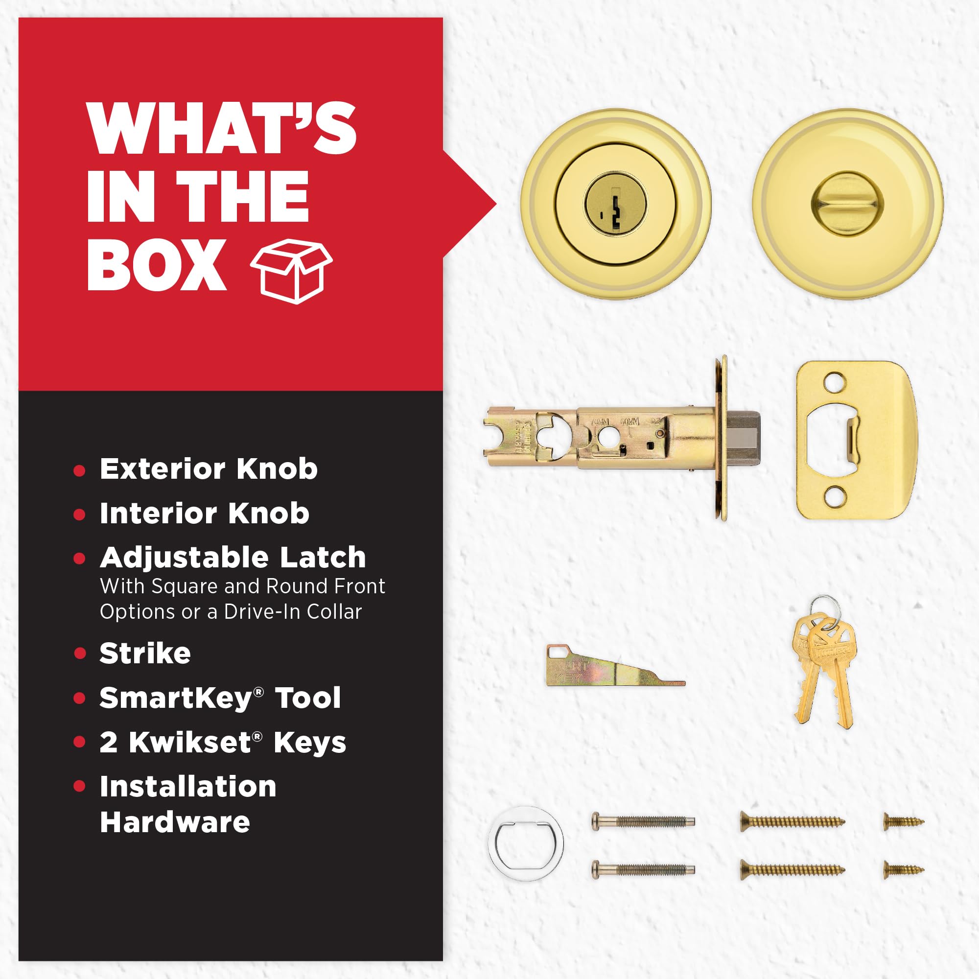 Kwikset Juno standard door-fit illustration in polished brass