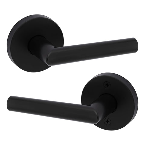 Kwikset Milan interior passage lever in matte black for closets and hallways.