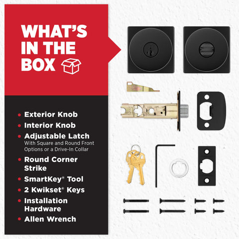 Kwikset Pismo box includes keys and strike plate for setup.