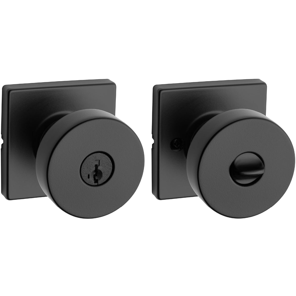 Kwikset Pismo entry knob matte black on exterior door for secure keyed entry.