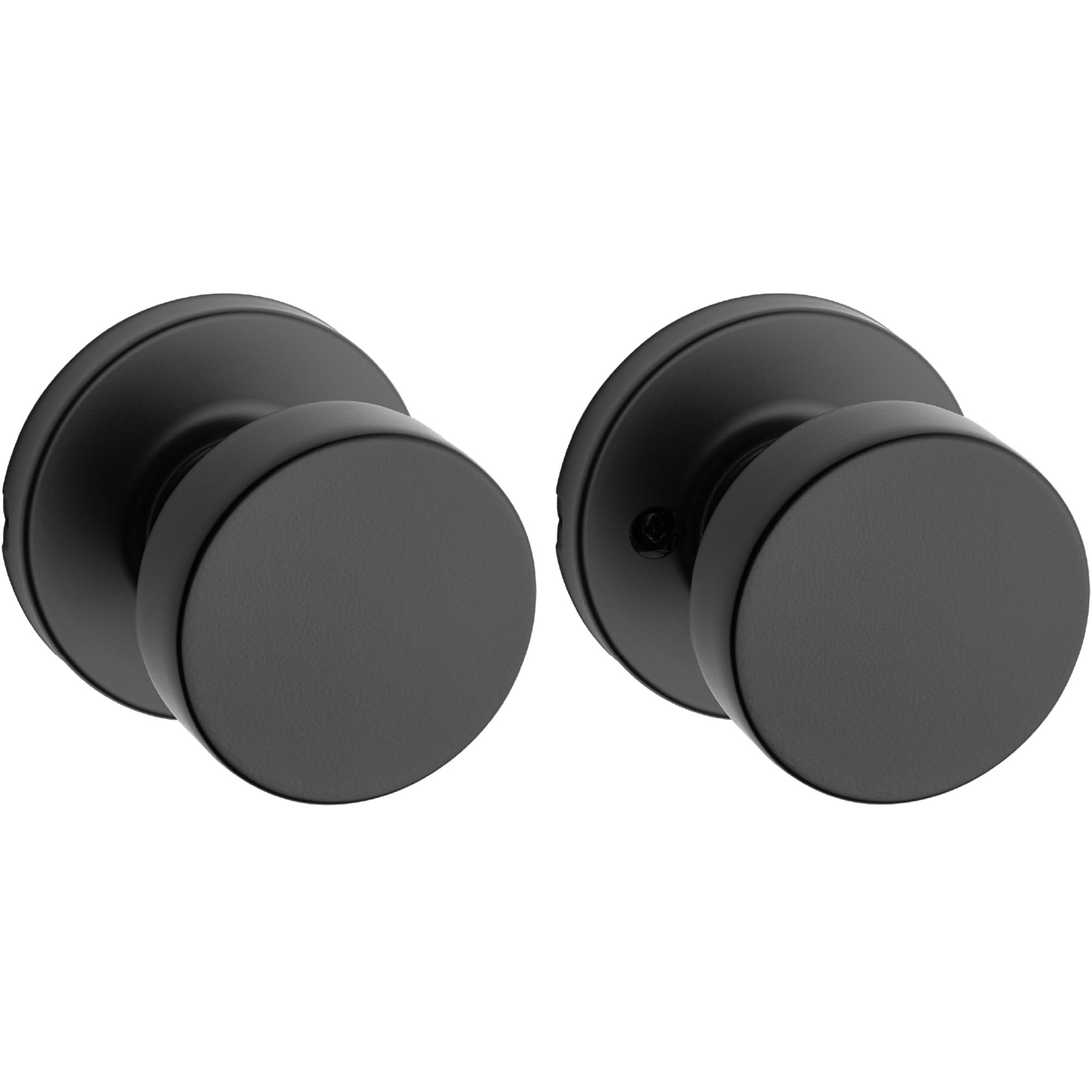 Kwikset Pismo interior passage knob in matte black for closets and interior doors.