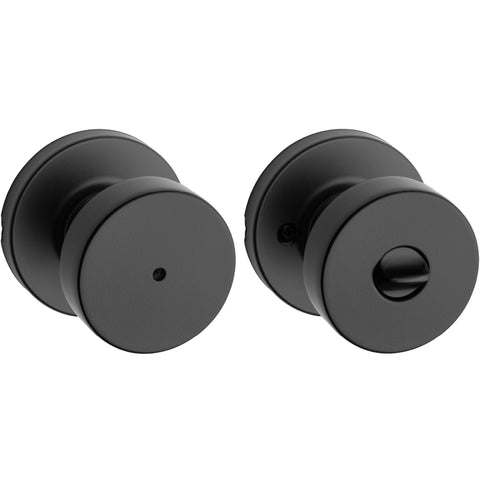 Kwikset Pismo privacy knob front view in matte black, ideal for bedrooms needing privacy.