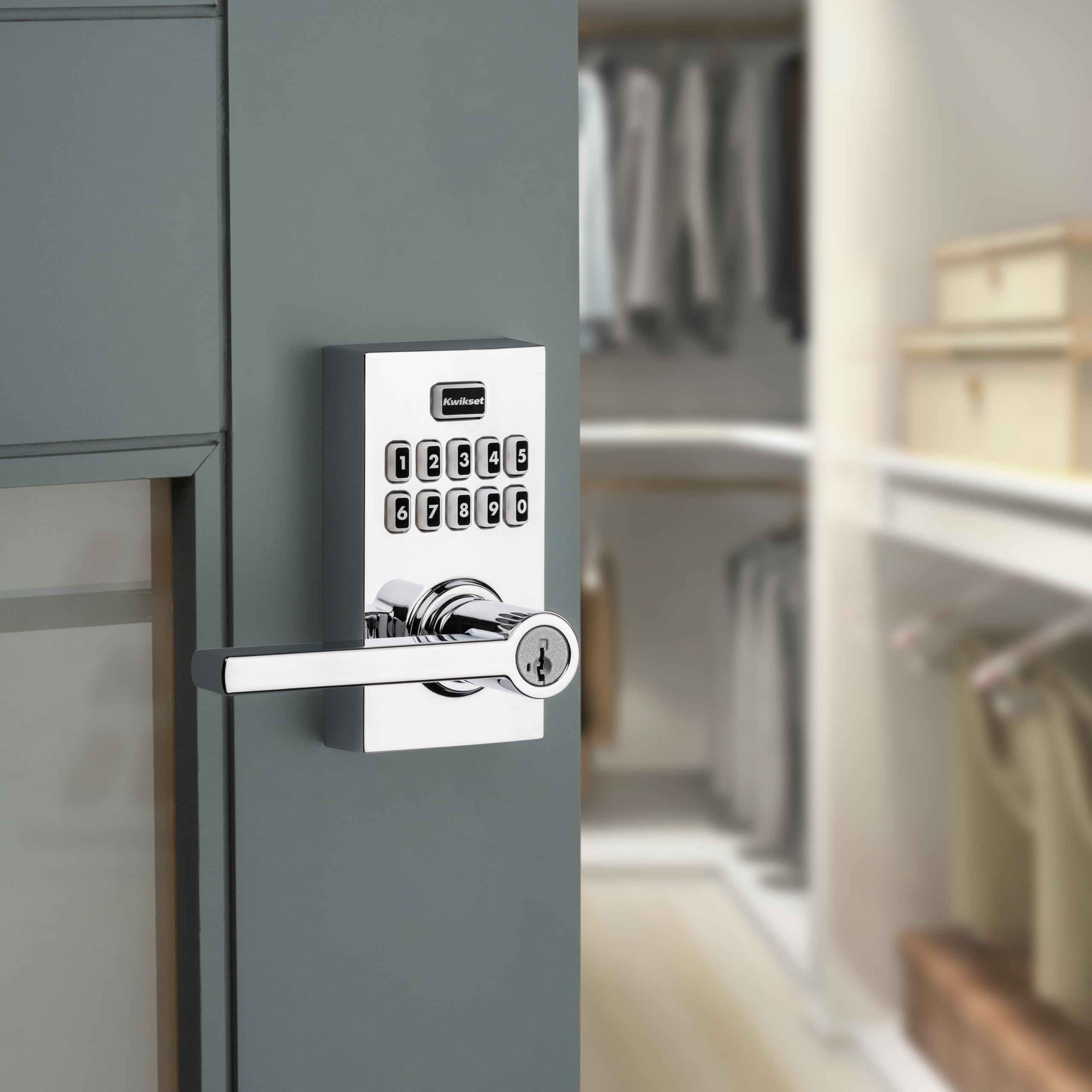 Polished chrome finish on Kwikset lock complements contemporary interiors.