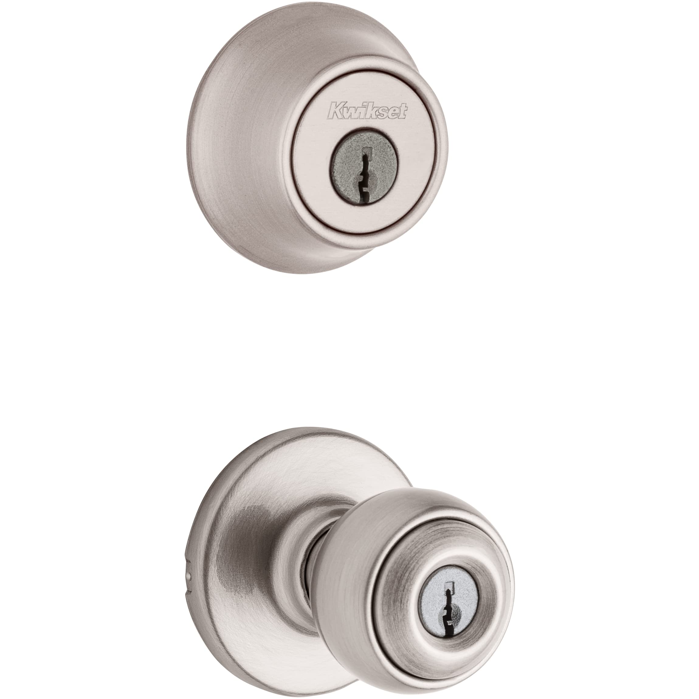 Kwikset Polo entry knob satin nickel on exterior doors for secure entry.