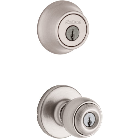 Kwikset Polo entry knob satin nickel on exterior doors for secure entry.