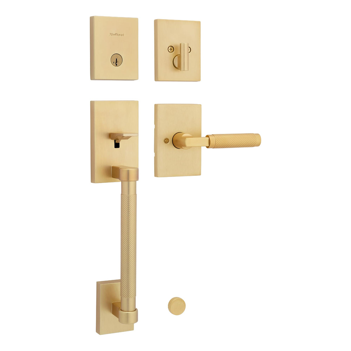 Kwikset Prava exterior lock set on front door with satin brass finish for curb appeal