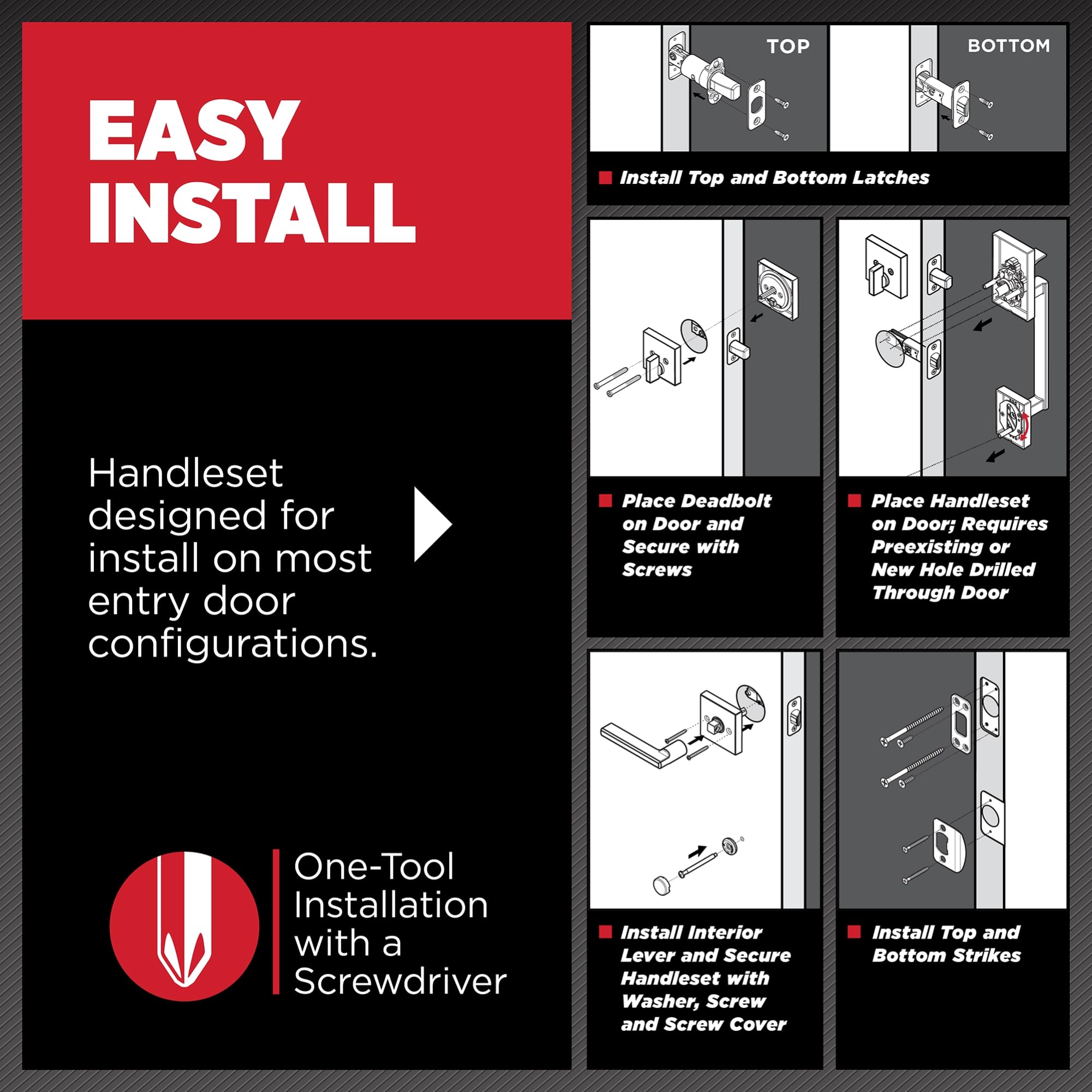 Exterior latch and thumb piece provide smooth operation for secure entry.
