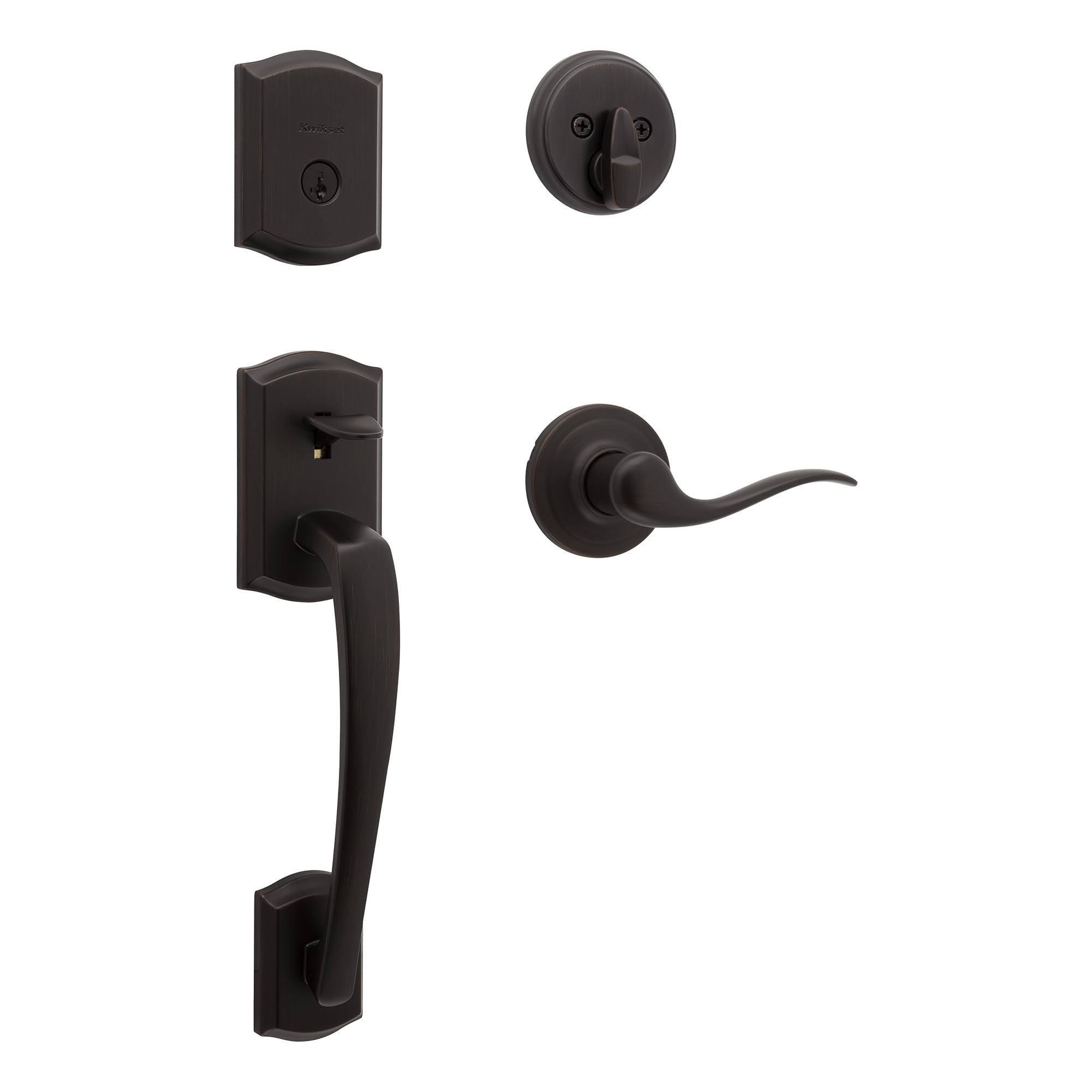 Kwikset Prescott front door hardware in Venetian Bronze for secure exterior entry.
