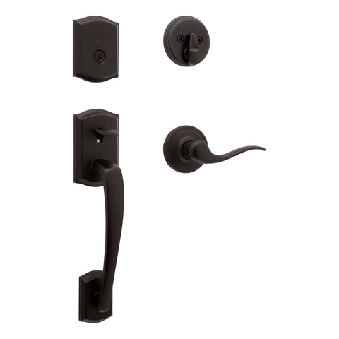 Kwikset Prescott front door hardware in Venetian Bronze for secure exterior entry.
